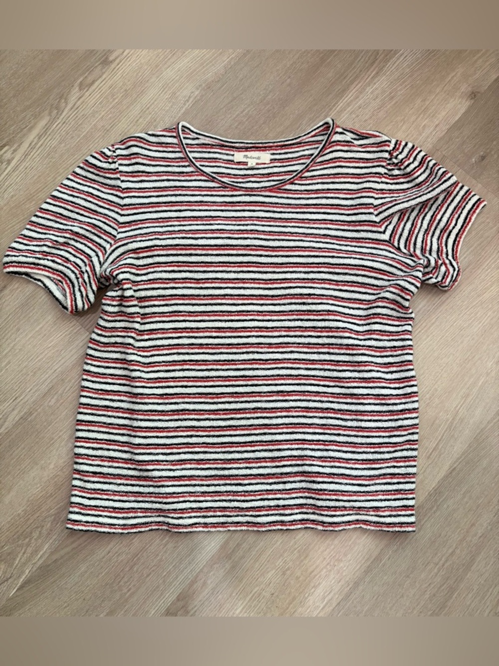 Madewell Superlight Jacquard Puff Sleeve Striped Tee Top Red/Blk/White, Med EUC